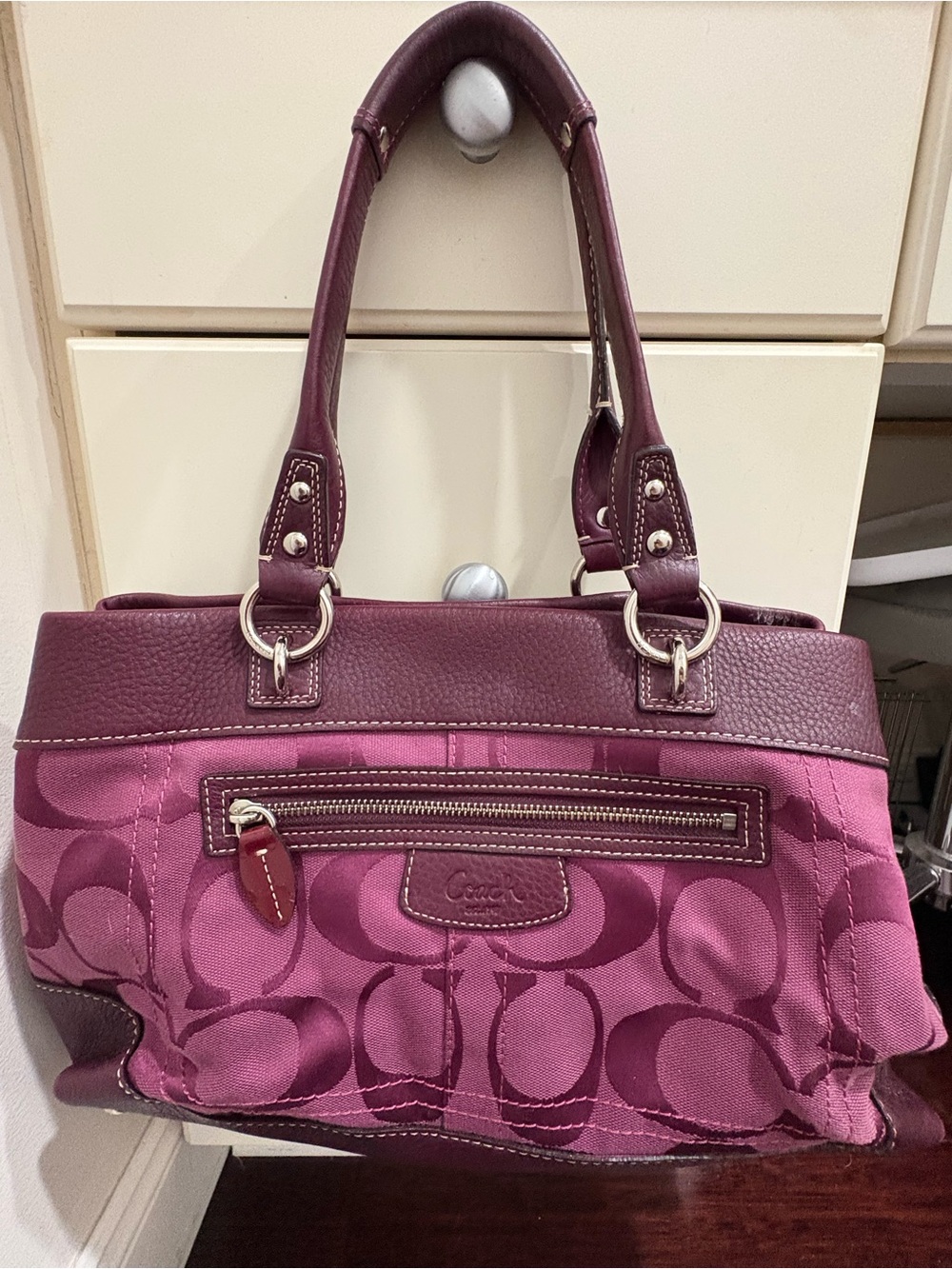 Coach Plum Signature Shoulder Bag with Leather Trim